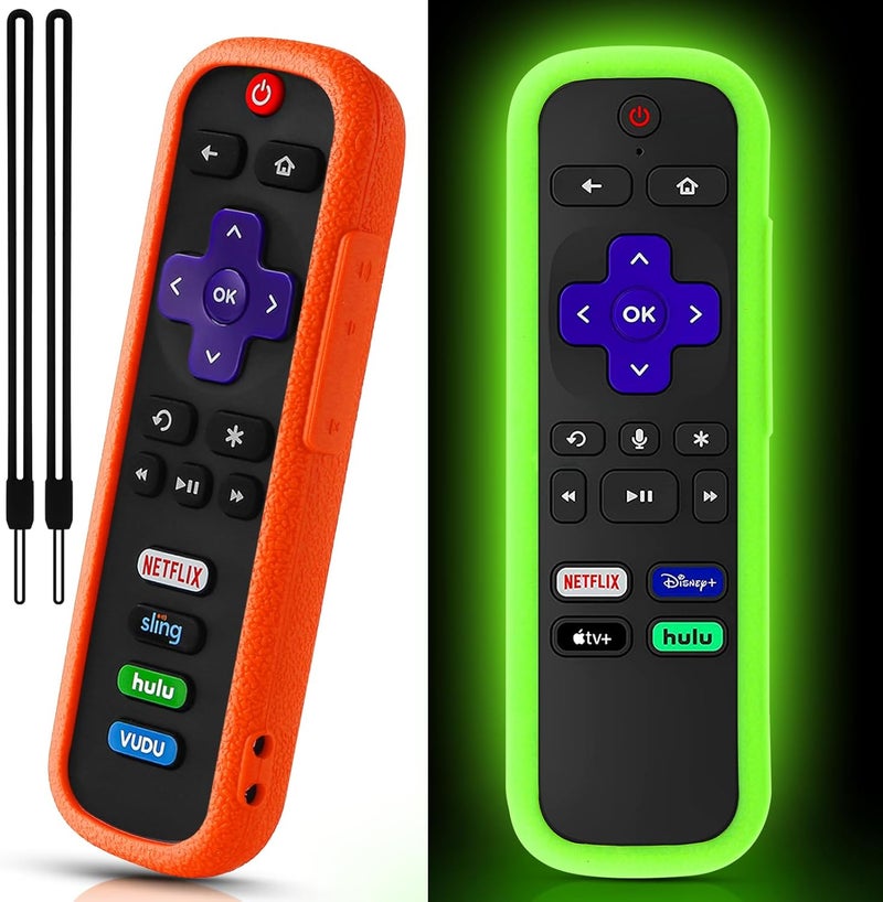 SOTATOO غطاء جهاز التحكم عن بعد 2 عبوة لجهاز Roku، غطاء بطارية لجهاز TCL Roku Smart TV Steaming Stick Remote، غلاف سيليكون لجهاز التحكم عن بعد Roku عالمي للحماية، يتوهج في الظلام باللون الأخضر والبرتقالي - Image 1